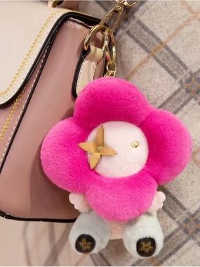 Plush Flower Charm Keychain in Bright Pink